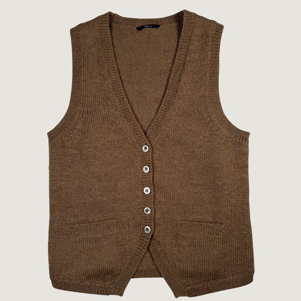 HEMA Brown Wool Alpaca Blend Knit Button Front V-Neck Sweater Vest Mens Medium